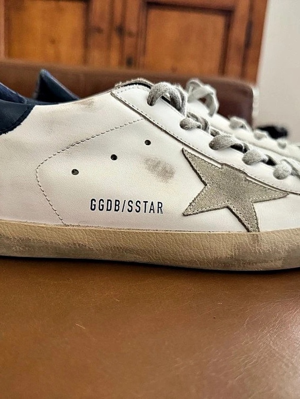 Golden Goose Super-Star Sneaker with Navy Heel Tab Sneakers in White & Gray
